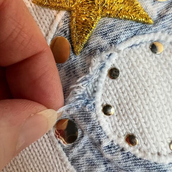 Vtg 80s Something More Sweater Embellished Medium White Gold Star USA Studded - Picture 9 of 11